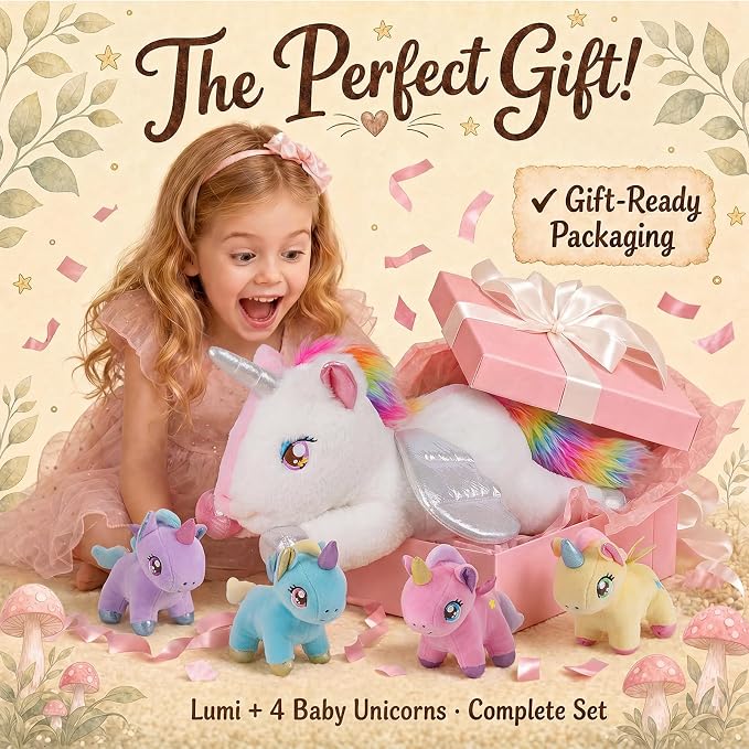 gnomantic Unicorn Stuffed Animals with Babies Inside, Mommy Toy for Kids | 5-Piece set: 1 mommy unicorn + 4 baby unicorns inside. Unzip belly to reveal surprise babies. Ultra-soft, ages 3-8.