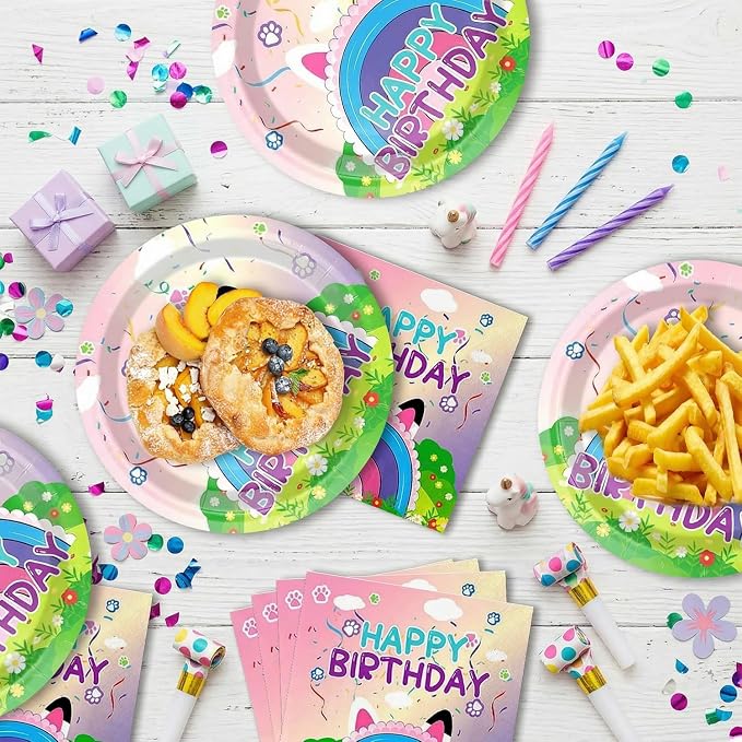 41Pcs Cartoon Cat Dollhouse Birthday Party Plates and Napkins for 20 Guests Tableware Cartoon Cat Dollhouse Supplies Tablecloth for Kids Baby Shower Birthday Party Decorations