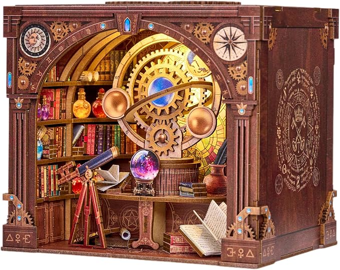 DIY Miniature Dollhouse Kit,3D Wooden Puzzles for Adults to Build, Birthday/Christmas Day Gift for Astronomy & Steampunk Lovers,Mini Zodiac Library with LED Lights,Star Trail Magic Workshop