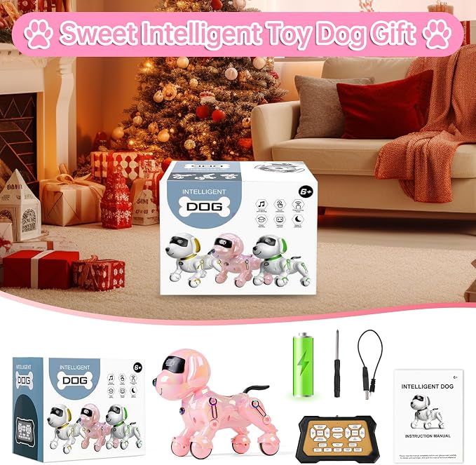 Dwi Dowellin Robot Dog for Kids 8-12,Remote Control Smart Robotic Dogs Pet Puppy Robotic Toy,Interactive Touch Walking Talking Toys for Boys Girls Christmas Birthday Gifts(Pink)