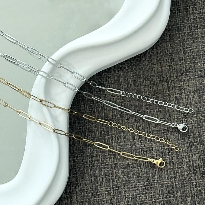 Exway 10 Pcs Paperclip Charm Bracelets Chain 8.0 Inch Stainless Steel Sliver Chain Bracelets Kit with Lobster Clasps for Crafts DIY Women Jewelry Making