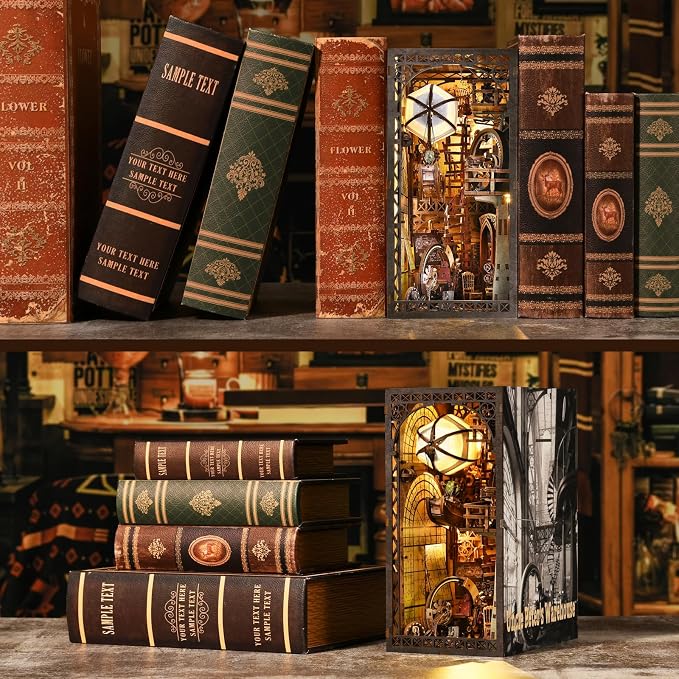 Book Nook Kit, DIY Miniature House Dollhouse Kit 3D Puzzle for Adults | Booknook Bookend Bookshelf Decor Tiny House Model Build with Airship Diorama, Gifts for Family and Friends