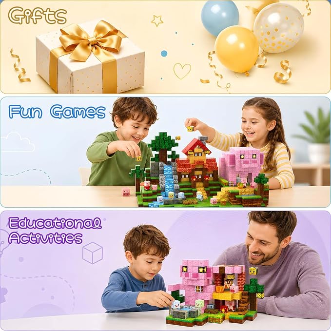 200 PCS 0.8in Magnetic Building Blocks,Pig House Magnetic Blocks,Magnetic Stacking Cubes for School STEM Family Education Toys Boys Girls Ages 4 6 8 10 Kids (Pig House-200pcs)