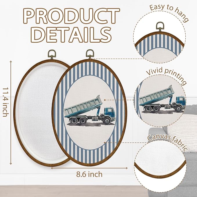 WULQYING Boy Nursery Dump Truck Wall Art Decor, Boys Room Oval Framed Canvas Art Prints, Blue Striped Construction Vehicle Wall Hanging Decor for Kids Boys Room Bedroom Playroom, 8.6x11.4 Inches