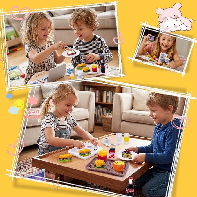 20Pcs Miniature Laptop Computer Tablet Toy Phone Pad and Hamburger Fries Cola Fast Food Cake Coffee Juice Fits Doll Accessories Scale Dollhouse Playsets Girl Mini Drink Food Party