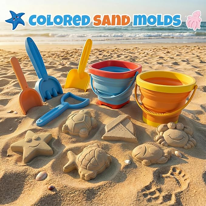Beach Sand Toys Set for Toddlers, Portable Travel Beach Toys with 2 Collapsible Buckets, 2 Shovels, 2 Rakes, 6 Molds & Mesh Storage Bag for Kids, Summer Gift