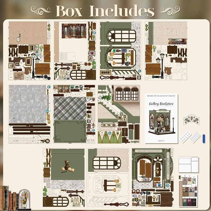 Cutefun Book Nook Kit - DIY Miniature Dollhouse Kit for Adults and Teens, 3D Wooden Puzzle Bookshelf Insert Decor with LED Light, Gifts for Book Lovers and Beginners (Gallery Bookstore)