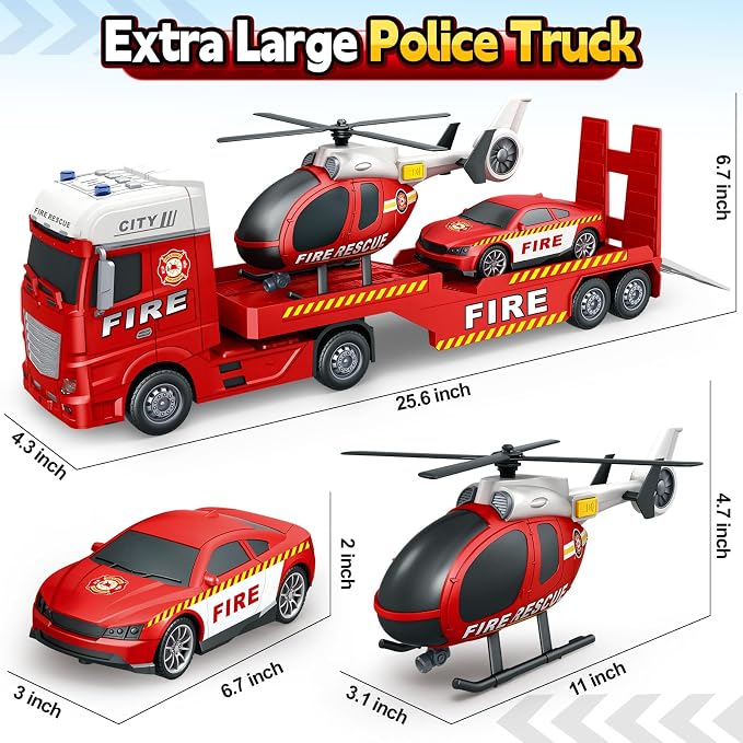 SpringFlower Truck Toddler Boy Toys, 25" Large Fire Truck Toy with Racing Car and Helicopter,3 in 1 Lights Sounds Fire Boy Vehicle, Christmas Birthday Gifts for Kids 3 4 5 6 Years Old