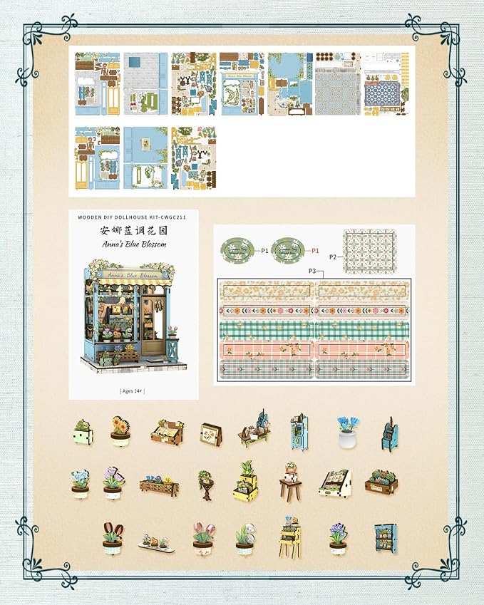 Cutefun Book Nook Kit - DIY Miniature Flower Shop Dollhouse Kit for Adults and Teens, 3D Wooden Puzzle Bookshelf Insert Decor with LED Light, Gifts for Book Lovers and Beginners (Anna's Blue Blossom)