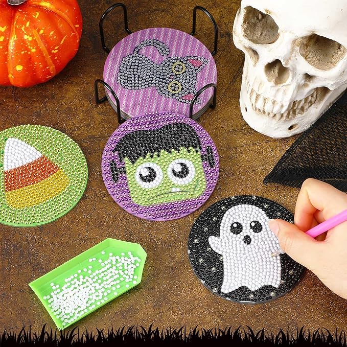 UPINS 8Pcs Halloween Diamond Art Painting Coasters Kits with Holder Diamond Art Non Slip Coaster Kits DIY with Holder Crafts for Adults Diamond Art Painting Kits Supplies