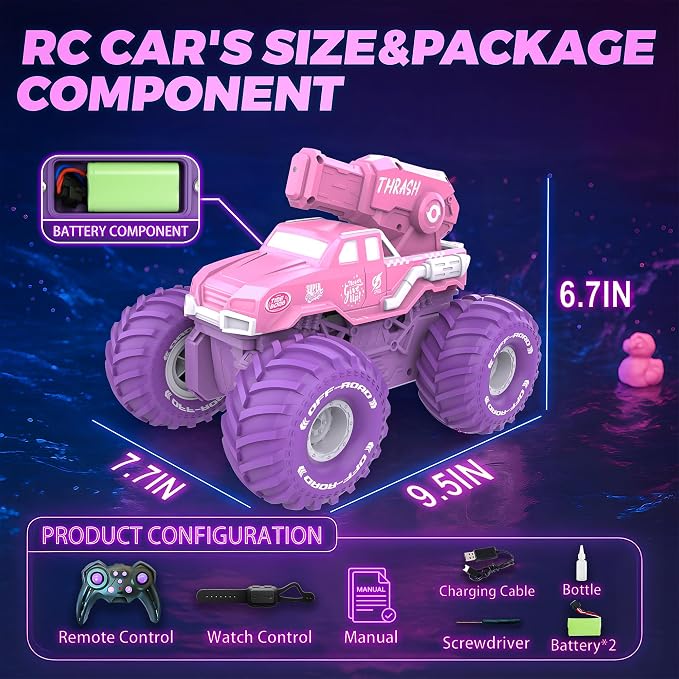 BEZGAR Amphibious Remote Control Car for Girls - Pink Monster Truck Toys 1:16 RC Boats 2.4GHz Waterproof Tank with Shooting Water Pistol, 4WD All-terrian Off-Road Pickup Outdoor, Girls Kids Gifts