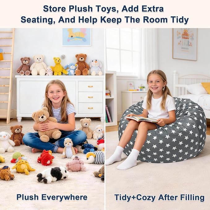 Lukeight Stuffed Animals Storage Bean Bag Chair Cover for Kids and Toddlers, Cozy Velvet Plush Toy Organizer Seat, Cover Only, No Filling Included, Long YKK Zipper, Side Pocket, Large 27 x 16 in