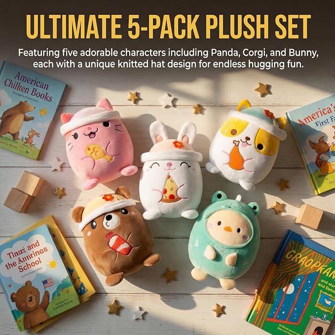 AIXINI Animal Plush Toys Set - Panda, Brown Bear, Bunny, Corgi, Pink Cat with Cute Hats, Soft Stuffed Animals for Kids, Christmas Birthday Gifts (Five-in-one, Medium Size)