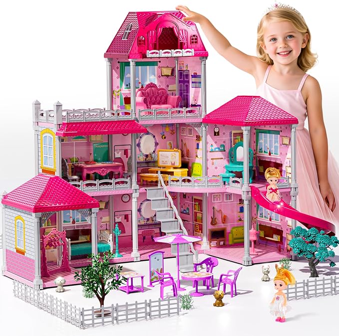 JUKUDAHU Villa Playset for Girls Ages 3-7, 3-Story 8 Room House with 2 Dolls, Furniture and Accessories, Indoor Playset Girls Toys for Ages 6-8, Pretend Toddler Toy, Birthday Gifts for Kids 4-8