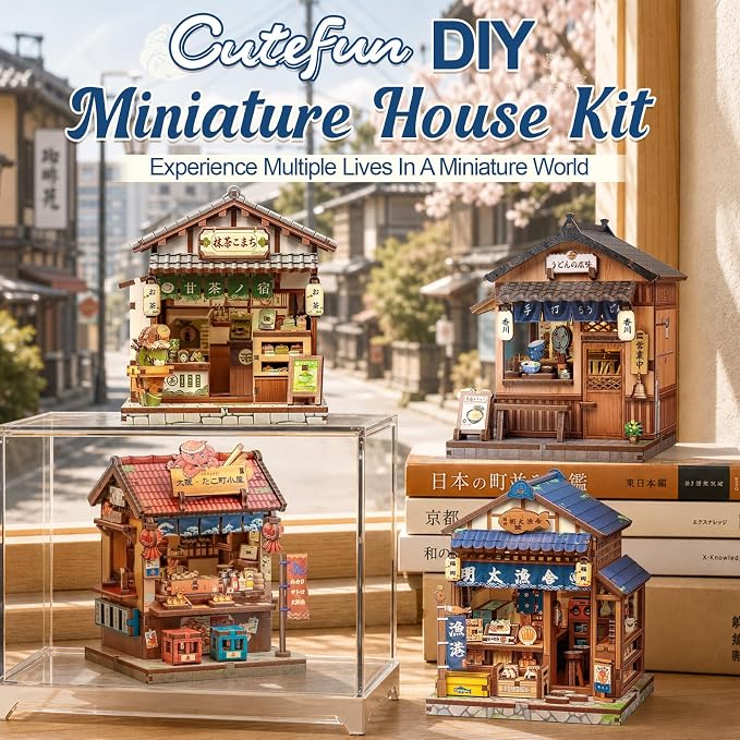 Cutefun DIY Miniature House Kit, 129 Pcs 3D Wooden Puzzle Tiny House Mini House Building Kit for Beginner & Teens, Palm-Sized Japanese Booknook Dollhouse for Bookshelf Decor (Fukuoka Mentaiko Kitchen)