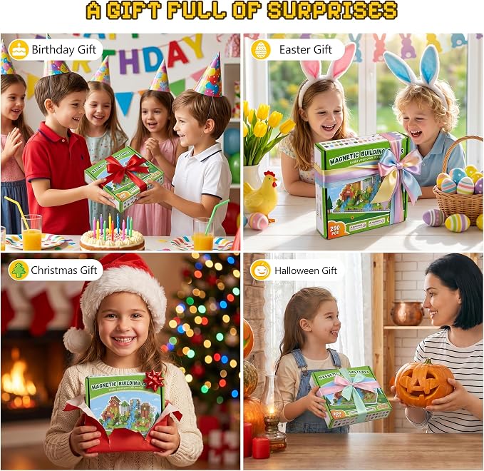 200PCS Magnetic Building Blocks Set, Magnetic Tiles Kids Build Cubes STEM Game Toys, Build Forest World Set, Christmas Birthday Gifts for Boys & Girls Age 3 4 5 6 7 8 9 10, 0.78 in Size