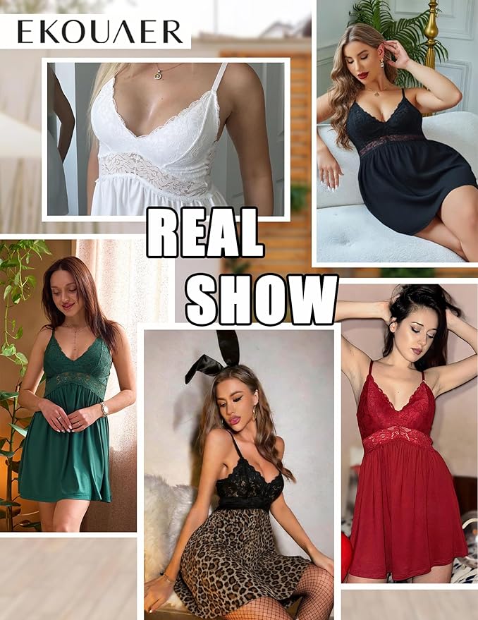 Ekouaer Lingerie for Women Sexy Nightgown Lace Trim Sleep Dress Chemise Nightgowns Sleeveless Night Gown Sleepwear S-3XL
