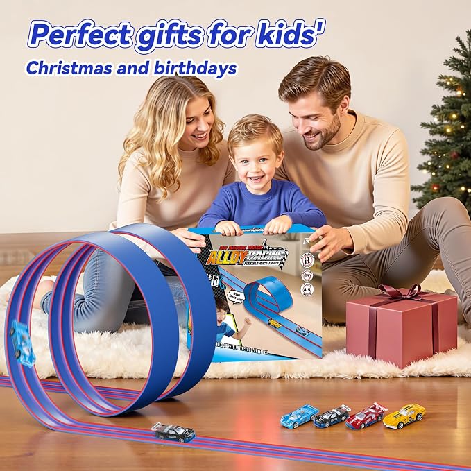 Upgrade Flexible Race Track for Kids, 15 Ft Flex Race Car Ramp Track with 4 Cars & Suction Cups - Compatible with Diecast 1/64th Cars, Car Tracks Toys for Kids Boys Girls Ages 3 4 5 6+ (Blue)