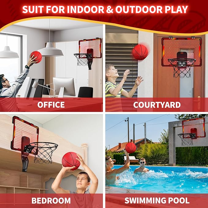 HYES Mini Basketball Hoop Indoor, Over The Door Basket Ball Hoop with 7 LED Lighting/Scoreboard/3 Modes/Foldable Rim, Wall Basketball Toy, Sport Decor Gifts for Kids Adult for Bedroom/Office (Red)