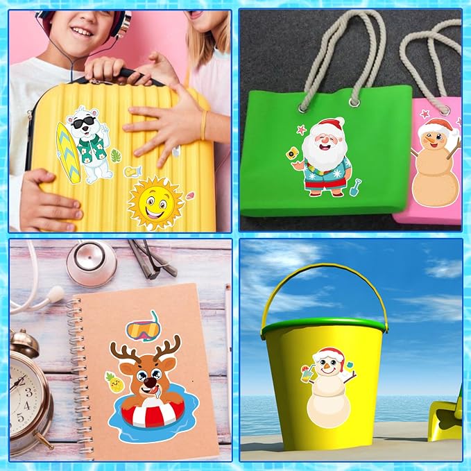 24 PCS Summer Stickers for Kids, July Christmas Make a Face Sticker, Make Your Own Sticker Sheets Chirstmas Santa Claus Hawaiian Tropical Style Stickers for July Party Games Decorations Supplies