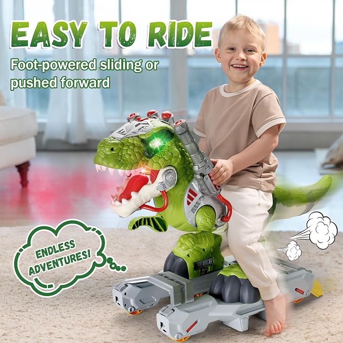 Dinosaur Ride On Toy Cars for Kids, Toddler Electric Ride On Toys with Music, Light & Smoke, Preschool Kids Scooter Foot-to-Floor Walker Indoor Outdoor,Birthday Xmas Gifts for Boys Age 3 4 5