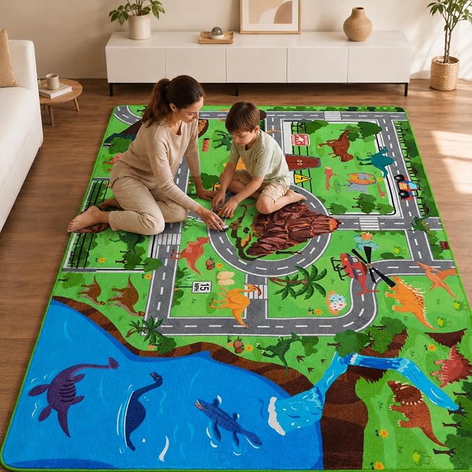 Kids Dinosaur Rug, 4'11" x 6'7" Kids Mat for Playroom– Extra Thick 0.4in Non-Slip Dino Safari Rug Road Play Mat for Classroom and Bedroom, Ideal for Educational Learning Play Areas(for Age 2+