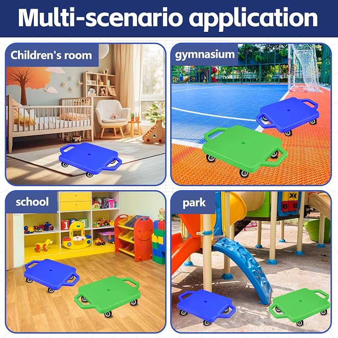 2 Pcs Sports Scooter Board with Handles Colored Floor Sitting Scooter Board with Plastic Casters for Kids Gym Indoor Outdoor Activities Play Equipment