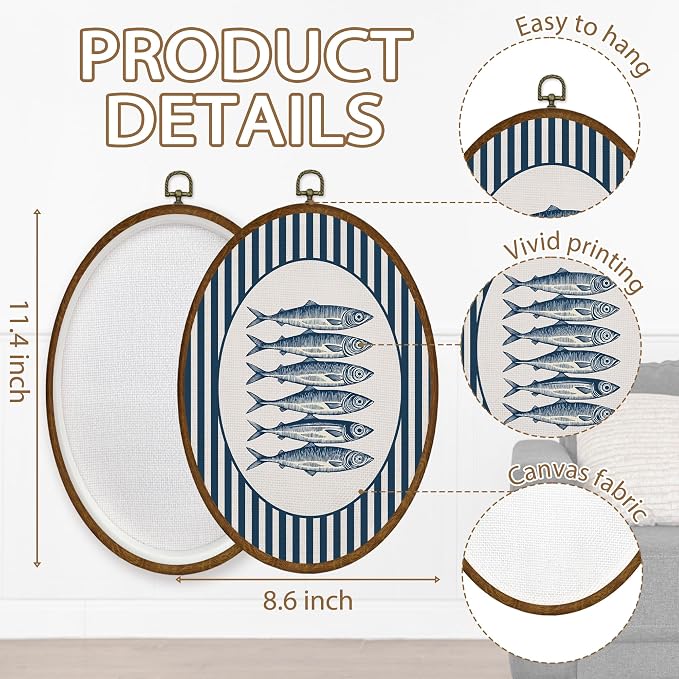 WULQYING Coastal Beach Sardine Fish Wall Art Decor, Ocean Beach Nursery Oval Framed Canvas Art Prints, Blue Nautical Fish Wall Hanging Decor for Home Bedroom Kitchen Kids Nursery Room, 8.6x11.4 Inches