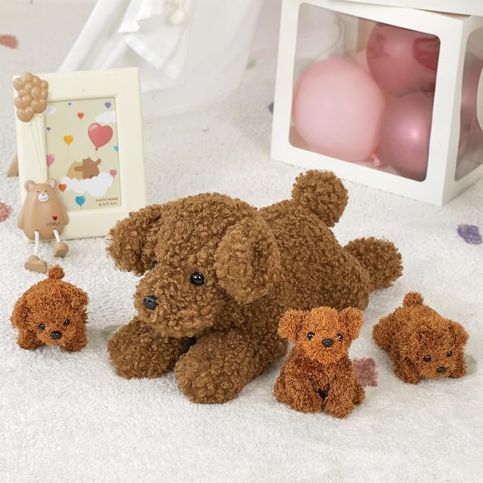 Muiteiur 4 Pcs Dog Stuffed Animal Set, 18.5 Inch Teddy Dog with Puppies, Brown Dog Plush for Kids Girls Boys, for Birthday Theme Party, Fun Decor