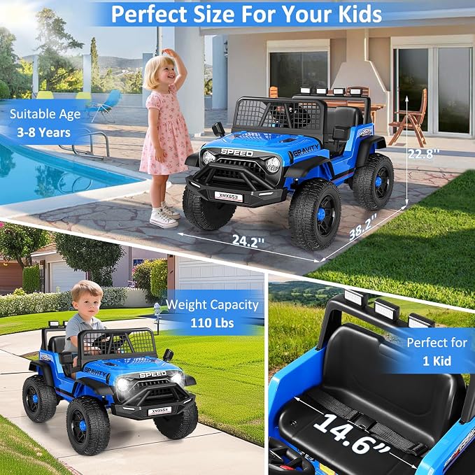 Hikole 12V Ride on Toys with Remote Control, Power Wheels Truck with Remote Control, 3 Speed, Bluetooth, Music, Soft Start, LED Lights, Electric Cars for Kids Boys Girls 3-5, Blue