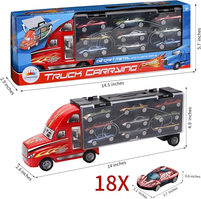 BoomCaCa Toy Truck Transport Car Carrier - 18 Sport Cars in Truck Toys, Toys for Boys and Girls Age 3-10 yrs Old, Ideal Party Christmas Birthday Gift for Kids