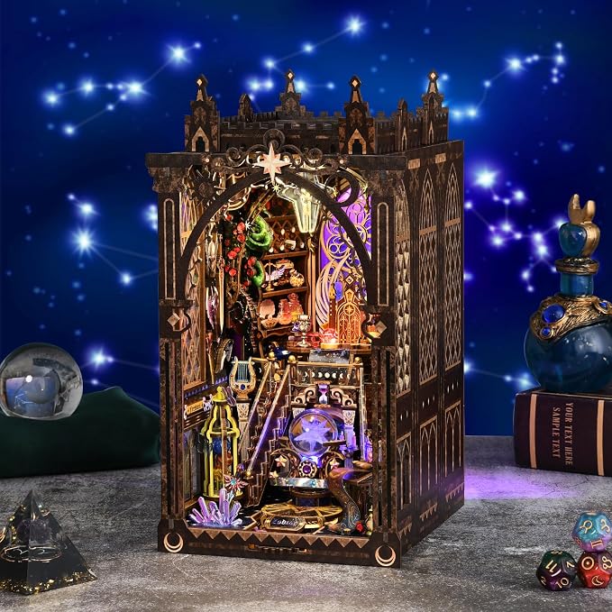 Book Nook DIY Kit for Adults, 3D Wooden Puzzle with LED,Bookend Bookshelf Decoration,Miniature Dollhouse for Home Decor,Mystic Zodiac