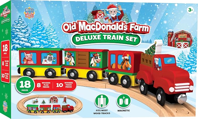 MasterPieces Old MacDonald's Farm Holiday Wood Train Set - 18 Piece Deluxe Edition, Magnetic Engine & Cars, Fits 1" Tracks, Ages 3+