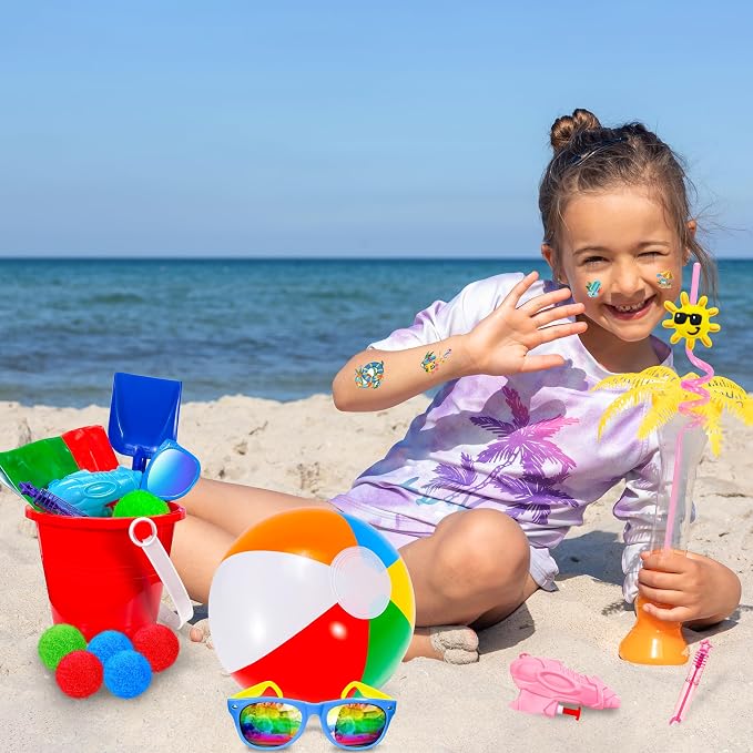 LINAYE Beach & Pool Party Favors - Kids' Summer Toys Bulk Including Beach Balls, Sand Buckets, Sunglasses, Drinking Straws, Bubble Wands Beach & Pool Party Supplies