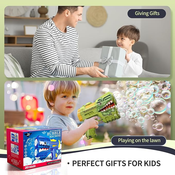 Rechargeable Green Dinosaur Bubble Guns for Kids, LED Light Up Bubble Machine Blower with Bubble Refill Solution for Kids, Bubble Makers Blaster for Toddlers, Summer Wedding Toys Gift
