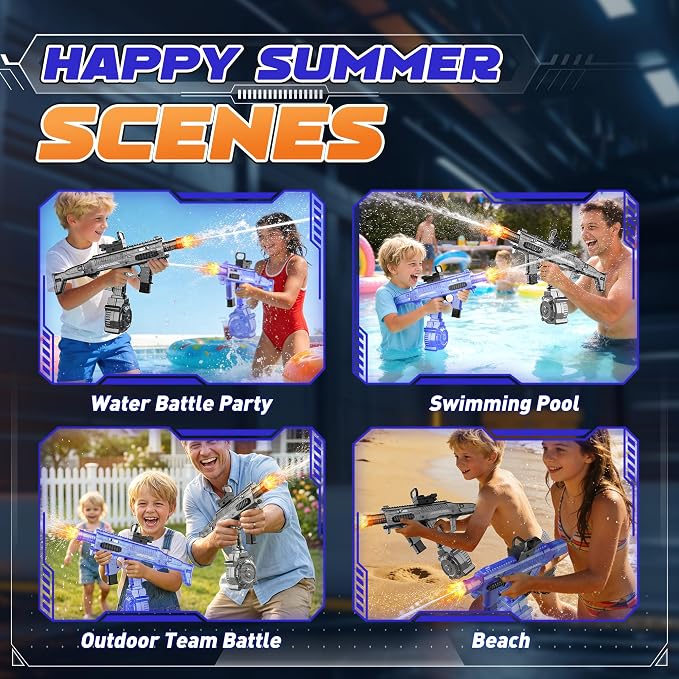 2 Pack Large Electric Water Guns for Adults & Kids, Automatic Squirt Guns with LED Light, 730CC High Capacity Water Gun with 26-33FT Long Range & Battery Powered for Summer Outdoor Beach Pool Toy Gift