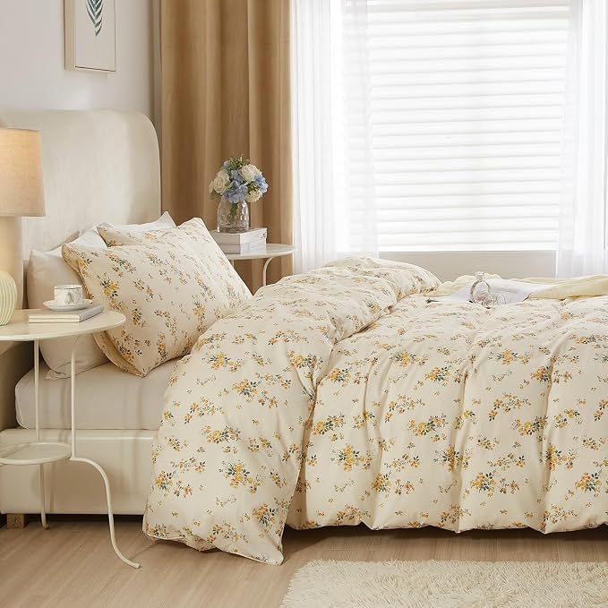 Yellow Floral Comforter Set Full Size Garden Style Flower Botanical Comforter Set Fluffy Soft Vintage Floral Bedding Set Full Chic Cottagecore Flowers Comforter with 2 Pillowcases for All Seasons