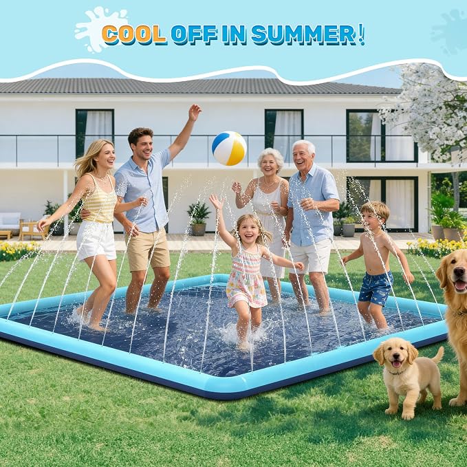 204" Gaint Splash Pad for Dogs, Non-Slip, Rantangle Splash Pad for Kids Ages 4-8,Giant Splash Pads for Toddlers 1-3, Dog Sprinkler Shallow Pool, Outdoor Water Toys for Backyard, Teal