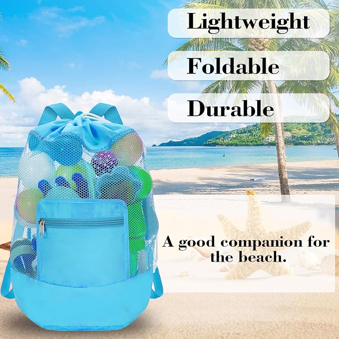 INVODA Mesh Beach Bag Drawstring Beach Backpack Foldable Toy Organizer Bag Shell Adjustable Straps Large Capacity Swim Bag