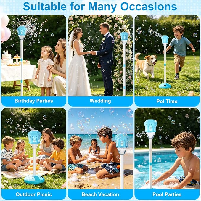 Bubble Machine for Kids, Bubble Torch, Rechargeable Automatic Bubble Machine with Lights Music, 3-Level (20 to 47 in) Adjustable Height Standing Bubble Blower for Outdoor Party Wedding Garden