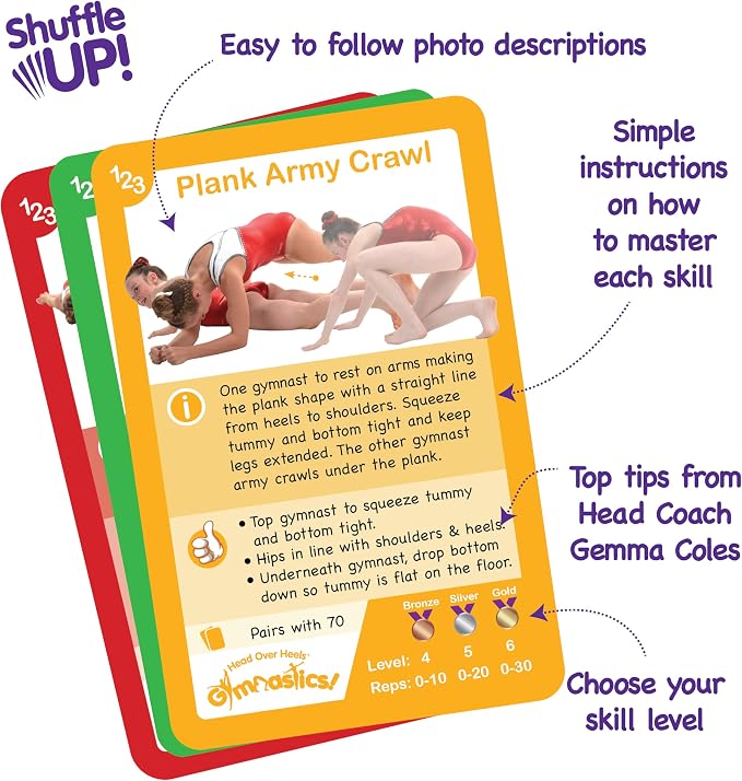 Shuffle Up Gymnastics Card Games - 70+ Fun & Active Skills Cards for Kids, Fitness Cards Develop Fundamentals, Stamina & Strength, Easy to Play for Kids | Multiple Skills Level Card Include 2 Dices