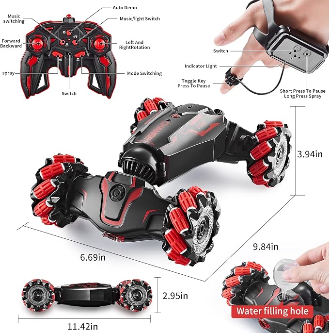 TADOZIC 4WD Remote Control Gesture Sensor Car,Hand Controlled RC Stunt Car,Double-Sided Vehicle 360° Rotation with Light and Music Spray, Watch Toy Cars for Boys & Girls Birthday