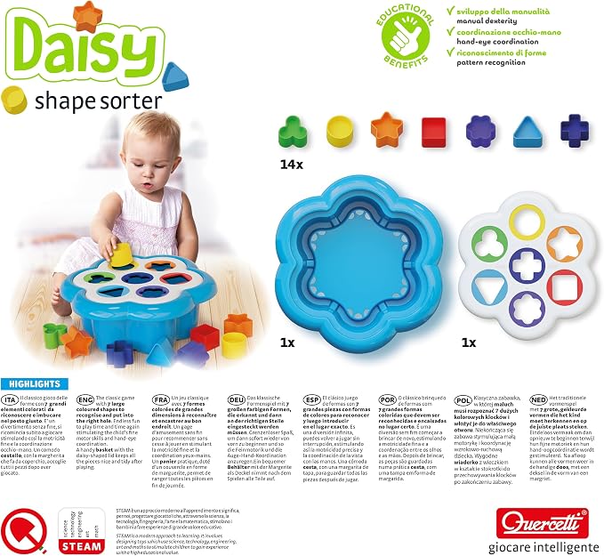 Quercetti Daisy Shape Sorter - Classic 16 Piece Shape and Color Sorting Toy (Made in Italy)