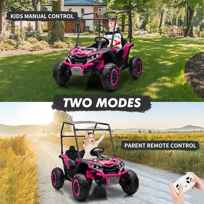 Garvee 24V 2-Seater Kids Ride on Car with Remote Control 4WD Electric Truck with Sun Shade Ride on Toy Off-Road UTV with 4-Wheel Shock Absorber, LED Lights, Music