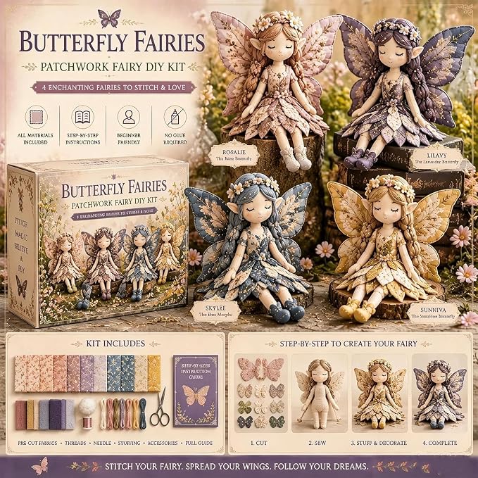 Fairy Patchwork DIY Collection, Fun Flower Fairy Patchwork Sewing Kit, Make 4pcs Winged Elf Cloth Dolls, Complete Fabric Supplies DIY Craft Set for Beginner Crafters, Home Decor Handmade Gift (#G)