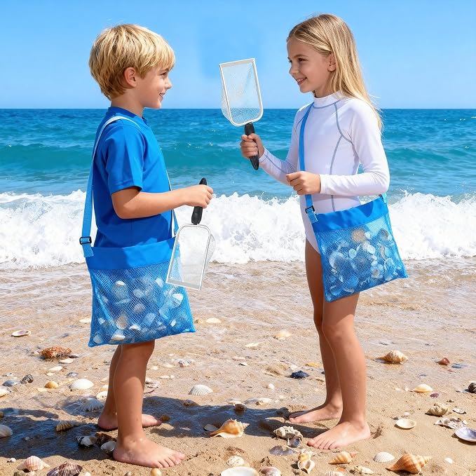 fethwoin 2Pcs Shark Tooth Sifter with 2Pcs Mesh Shell Bags, Beach Sand Sifter, Sea Shell Scooper for Beach, Sand Beach Toys for Kids, Medium, Blue