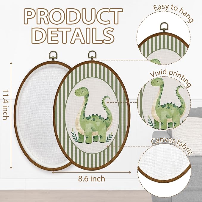 WULQYING Vintage Dinosaur Nursery Wall Art Decor, Boys Room Oval Framed Canvas Art Prints, Green Striped Brontosaurus Dino Wall Hanging Decor for Kids Boys Room Bedroom Playroom, 8.6x11.4 Inches