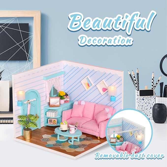 Kisoy Dollhouse Miniature with Furniture Kit, DIY 3D Wooden DIY House Kit A Corner of a Small Apartment Style with Dust Cover & LED, Handmade Tiny House Toys for Adults and Teens Gift(Living Room)