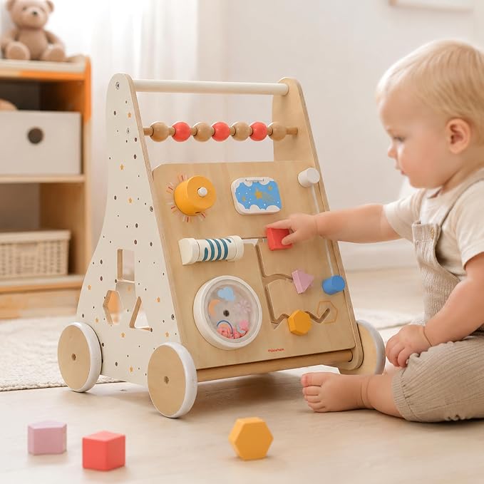 Pillowhale Wooden Baby Walker with Wheels Montessori Activity Push Walker Toy for Toddlers Adjustable Speed & Activity Center for Girls Boys 12M+