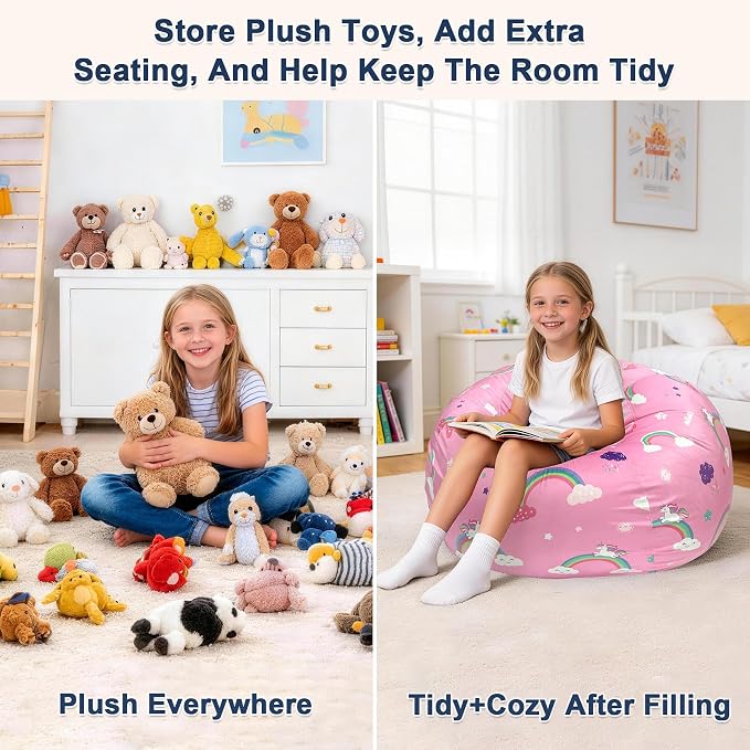 Lukeight Unicorns Stuffed Animals Storage Bean Bag Chair Cover for Kids Toddlers, Cozy Velvet Plush Toy Organizer Seat, Cover Only, No Filling Included, Long YKK Zipper, Side Pocket, Large 27 x 16 in